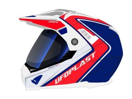 UFO Prilba Aries Offroad / Dual / Tourer / Crossover s Plexi, šiltom a slnečnou clonou biela/červená/modrá
