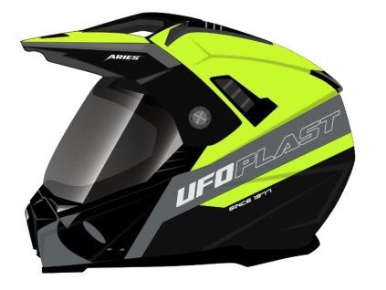 UFO Prilba Aries Offroad / Dual / Tourer / Crossover s Plexi, šiltom a slnečnou clonou čierna/sivá/žltá fluo