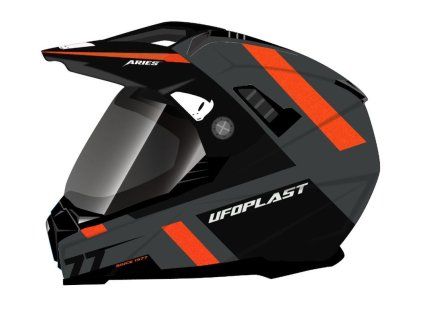 UFO Prilba Aries Offroad / Dual / Tourer / Crossover s Plexi, šiltom a slnečnou Clonou čierna/sivá/červená fluo - 2024