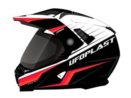 UFO Prilba Aries Offroad / Dual / Tourer / Crossover s Plexi, šiltom a slnečnou Clonou čierna/biela/červená fluo - 2024