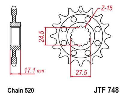 JT SPROCKETS Predná rozeta JTF748 s tlmiacou gumou 15 zubov Ducati 899 Panigale '14-'15, 959 Panigale '16-'19, 1199 Panigale/S '12-'15, 1199 Panigale R '13-'17; reťaz 520, pri 1199 konverzia na 520
