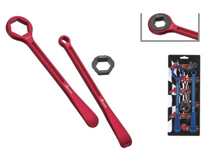 ACCEL Sada montážnych pák na pneumatiky 23 + 24 cm kovaných ALU7075 s kľúčmi 10, 13, 27, 32 mm – červená