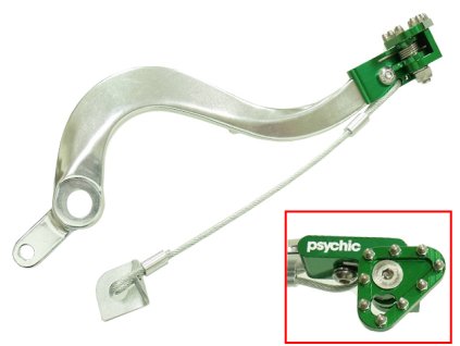 PSYCHIC Zadný brzdový pedál Kawasaki KXF 450 '06-'20, KLX 450R 08-19 strieborný so zelenou koncovkou