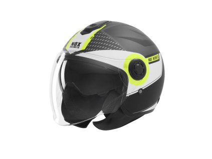 NOX Otvorená prilba Jet so slnečnou clonou N182 Round – čierna MAT/žltá fluo (Veľkosť L)