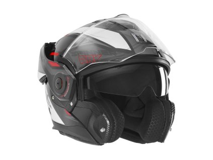 NOX Premium Výklopná prilba Flip-back (čeľusť sa odklápa dozadu) so slnečnou clonou Spinner Ark – čierna/biela/červená (Veľkosť M)