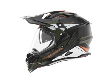 NOX Prilba Offroad / Trail Duosport (DUAL) N312 Track s plexi a slnečnou clonou – oranžová/zelená (KHAKI) (Veľkosť L)