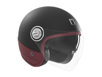 NOX Premium Otvorená prilba Jet Heritage Leather – čierna MAT/červená (Veľkosť L)