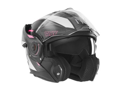 NOX Premium Výklopná prilba Flip-back (čeľusť sa odklápa dozadu) so slnečnou clonou Spinner Ark – čierna/biela/ružová (Veľkosť L)