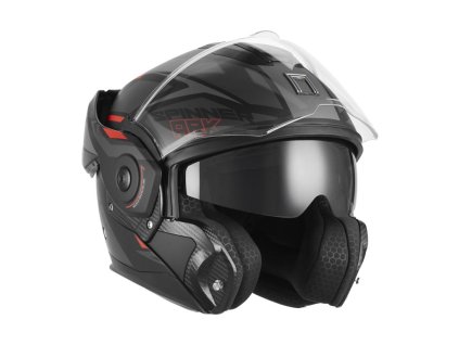 NOX Premium Výklopná prilba Flip-back (čeľusť sa odklápa dozadu) so slnečnou clonou Spinner Ark – čierna MAT/červená (Veľkosť L)